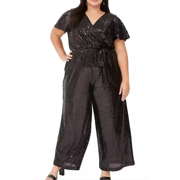 LANE BRYANT Black Wide Leg Sequin Jumpsuit, Size 26/28 - Picture 1 of 10